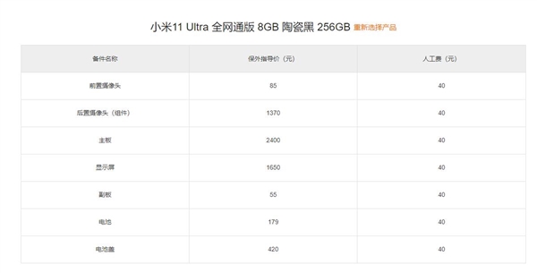 小米11 Ultra維修價格出爐：換主板 2400 元 比K40 標準版都貴