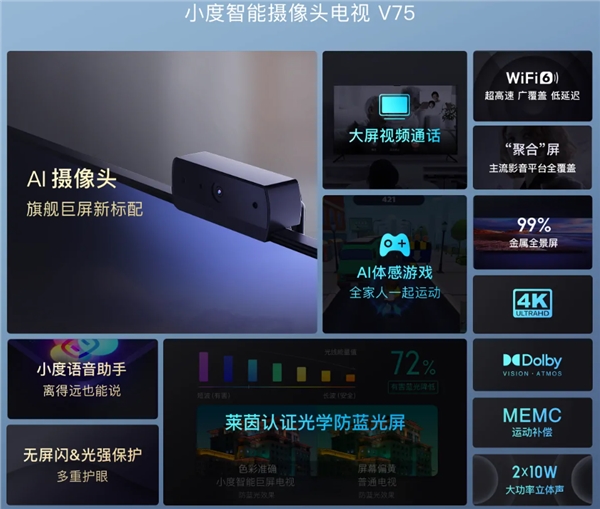 5699元！小度智能攝像頭電視V75發(fā)布：支持4K、杜比視界