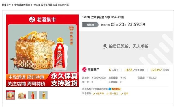 曾拍出百亿天价的茅台再次流拍 无人出价:竞拍不用缴保证金 被吐槽炒作