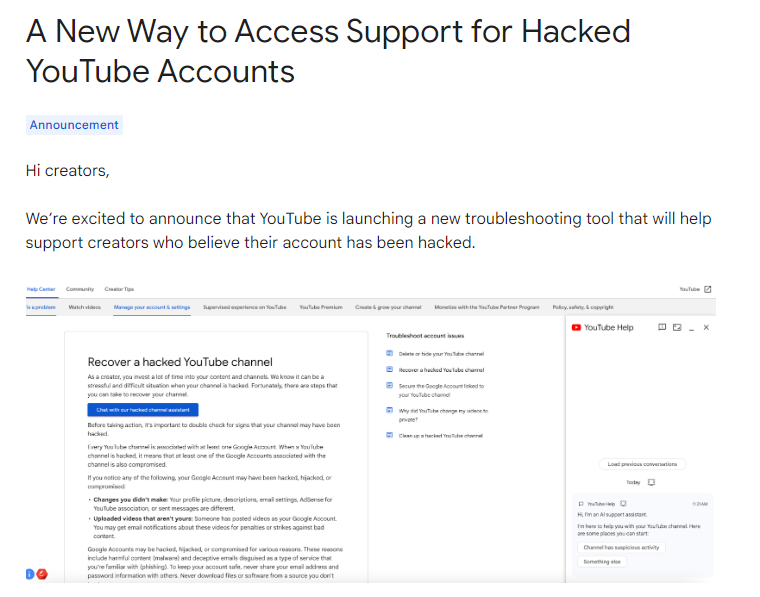 YouTube Launches New AI Assistant to Help Creators Easily Recover Hacked Accounts