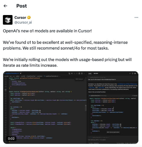 OpenAI 全新 o1 模型上线 Cursor，开发者们欢呼！