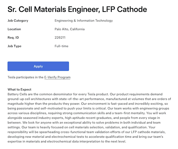 特斯拉布局磷酸铁锂电池：招聘材料工程师，加速认证与开发