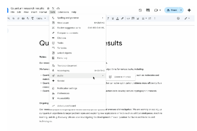 ​O Google Docs lança uma função de leitura em voz de IA, tornando a leitura de documentos mais fácil